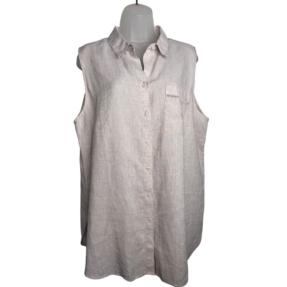 Chico's No Iron Sleeveless Linen Button Down SZ 3 Tunic Tan Blouse Travel